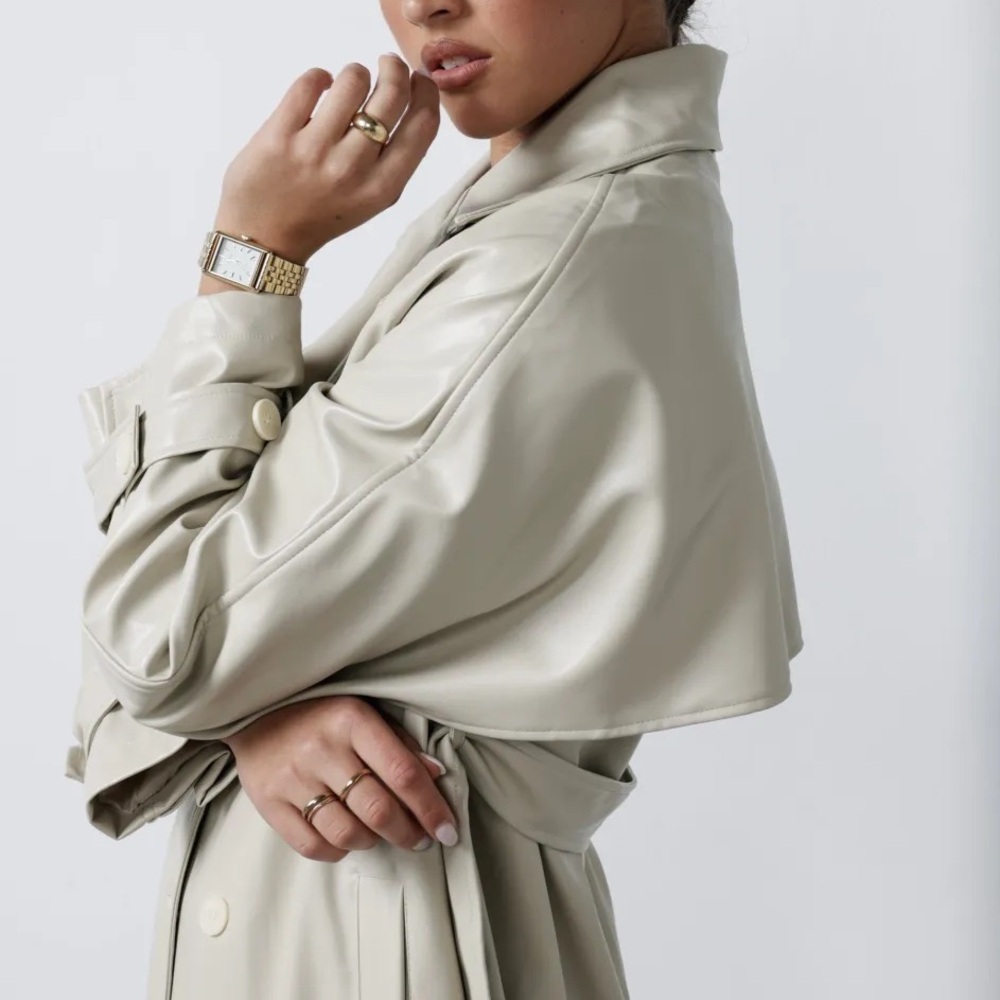 Charcoal Clothing Faux Leather Beige Trench Coat